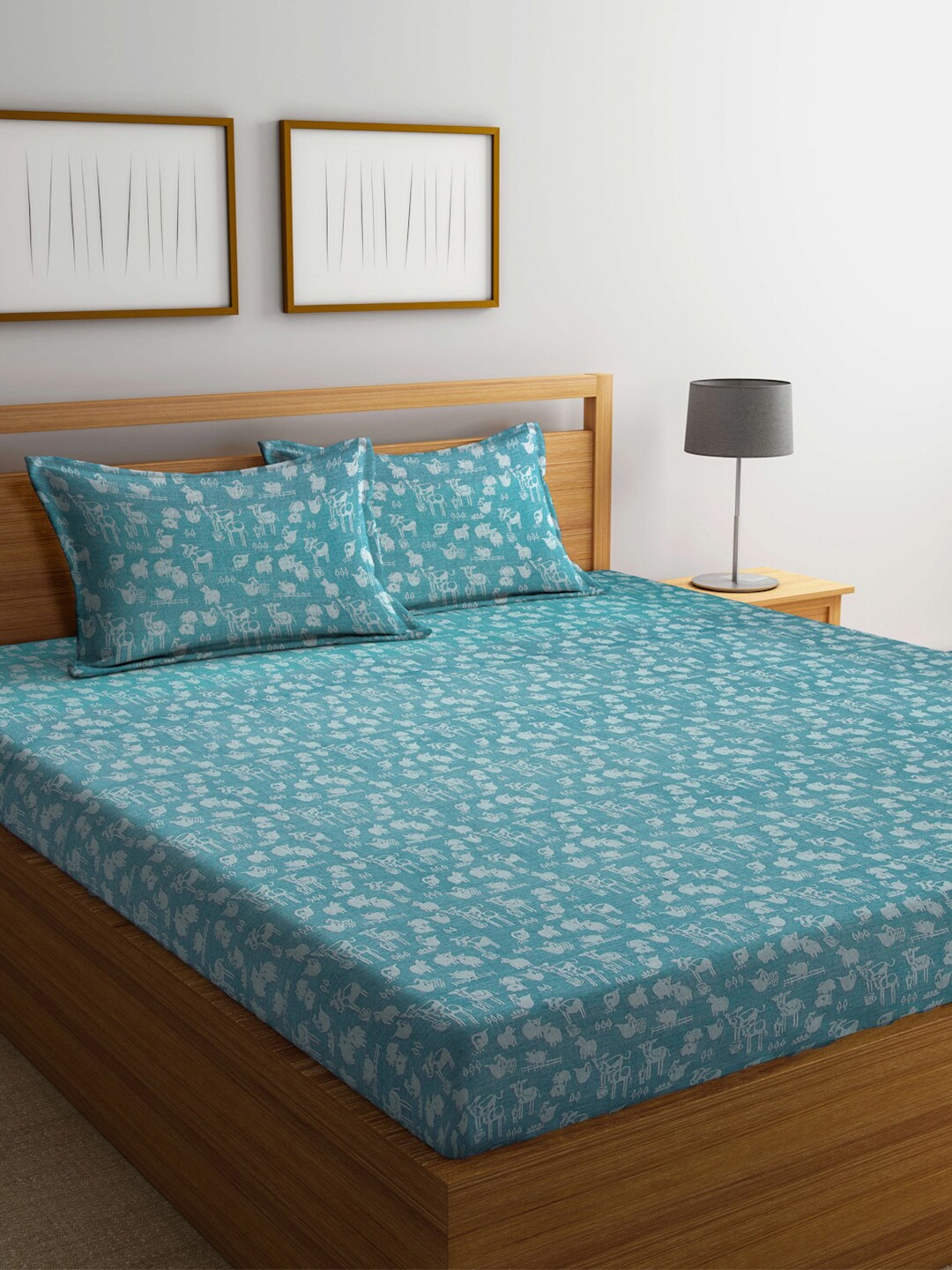 

FABINALIV Turquoise Blue Woven Design 350 TC Pure Cotton King Bedsheet & 2 Pillow Covers