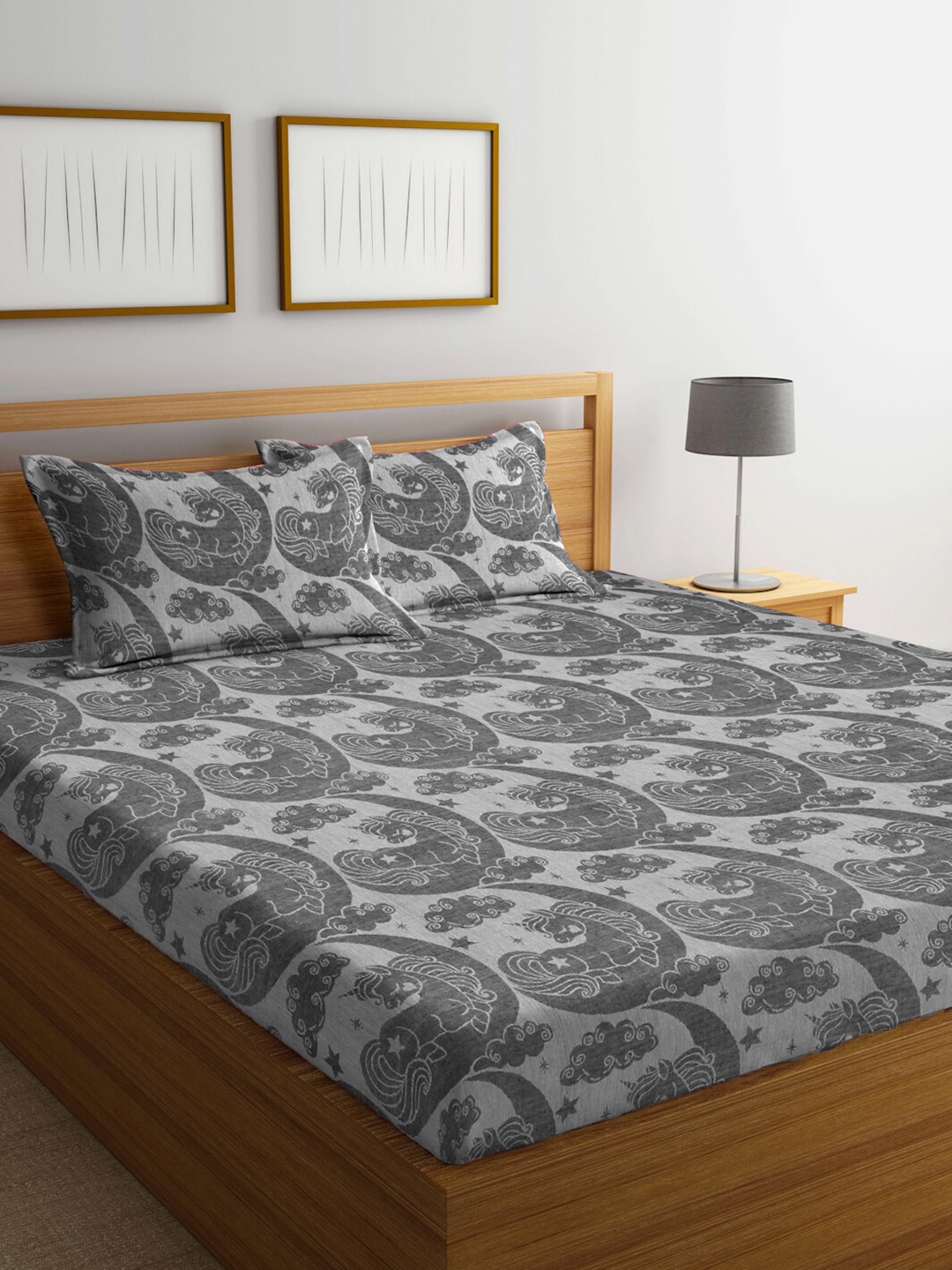 

FABINALIV Grey Cartoon Design 350 TC Cotton King Size Bedsheet & 2 Pillow Covers