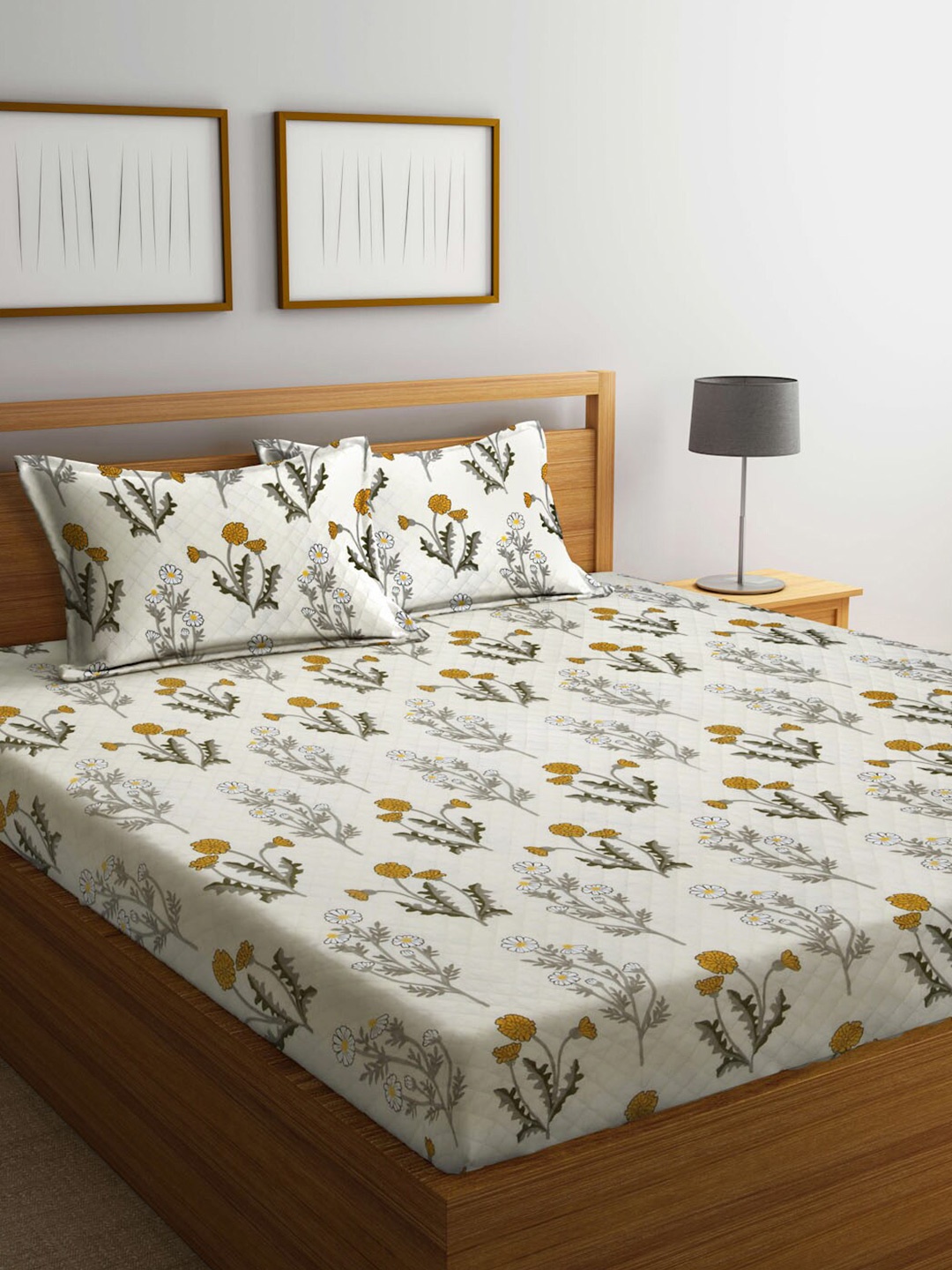 

FABINALIV White & Grey Floral Printed 350 TC Cotton King Bedsheet & 2 Pillow Covers