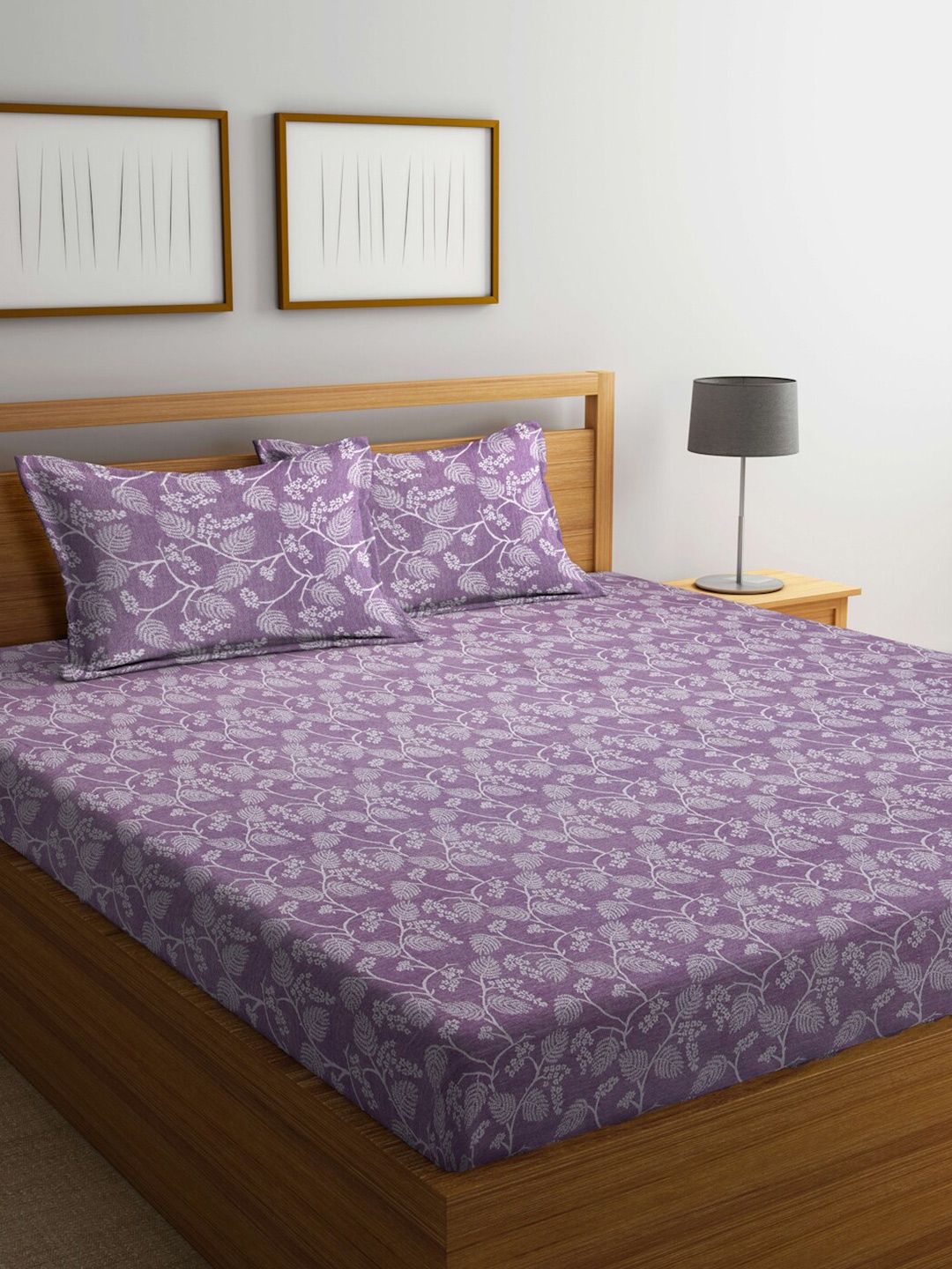 

FABINALIV Purple & Grey Floral 350 TC Pure Cotton King Bedsheet With 2 Pillow Covers