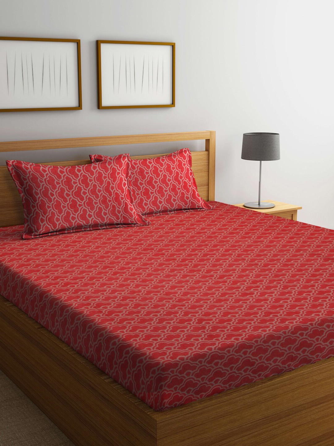 

FABINALIV Red & Beige Abstract Design 350 TC Cotton King Size Bedsheet & 2 Pillow Covers