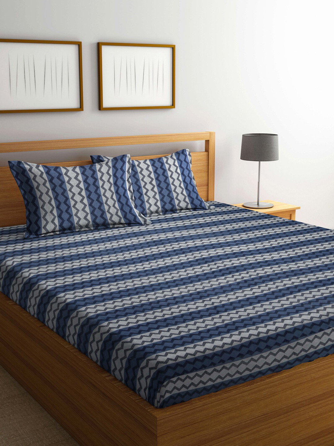 

FABINALIV Blue & Grey Striped 350 TC Cotton King Bedsheet & 2 Pillow Covers