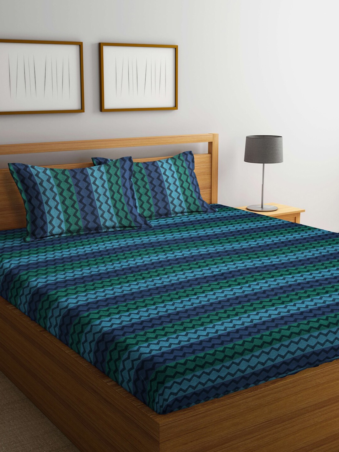 

FABINALIV Blue & Green Striped 350 TC Cotton King Bedsheet & 2 Pillow Covers