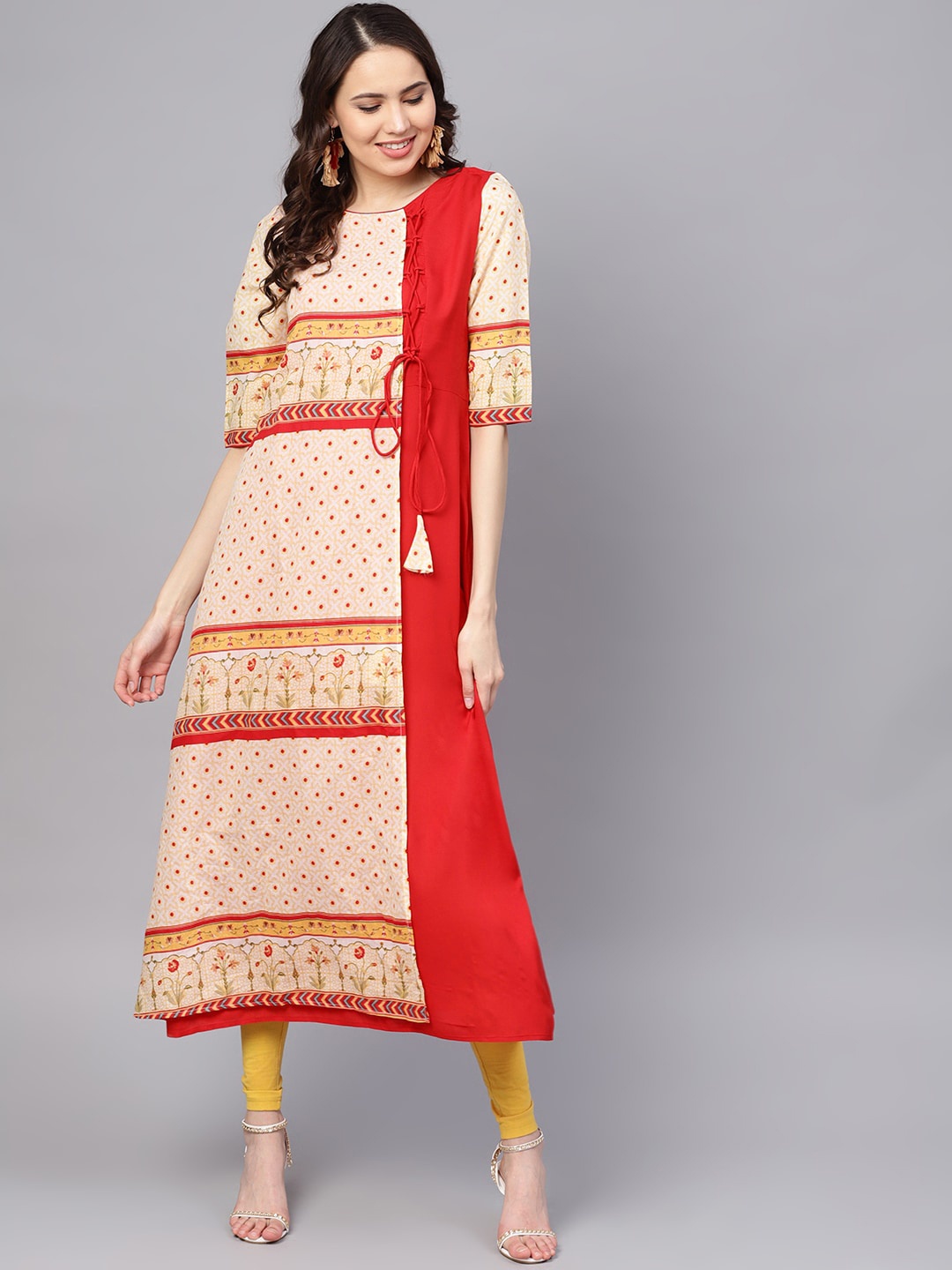 

RARE Red & Cream Coloured Ethnic Motif Printed Layered Kurta