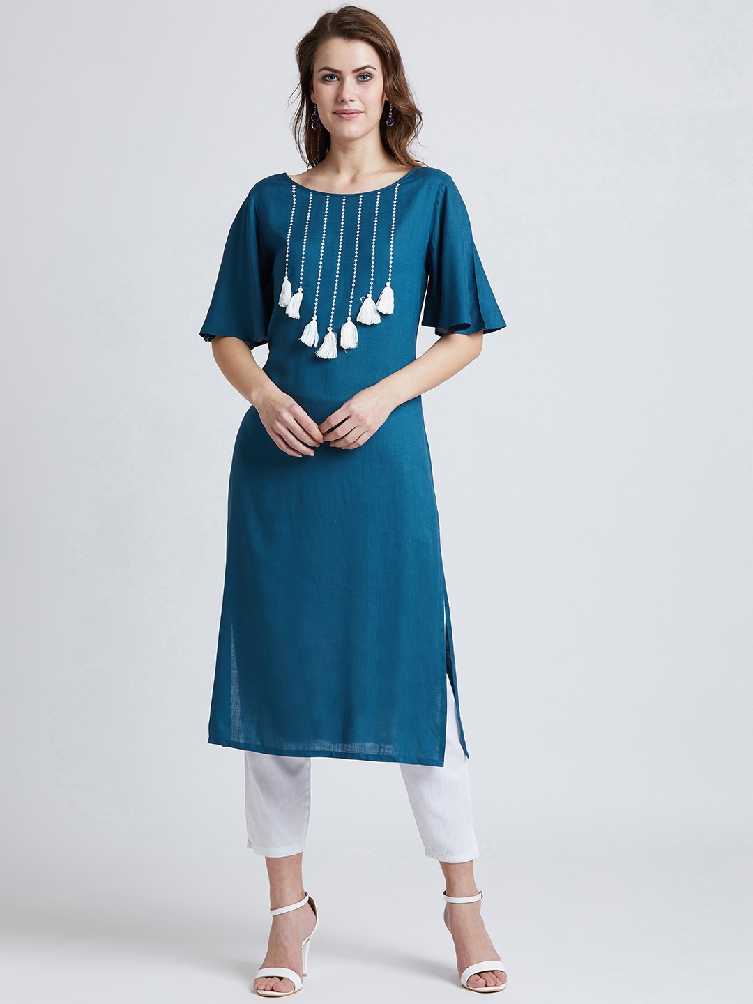 

RARE Teal Blue Yoke Design Flared Sleeves Thread Work Kurta