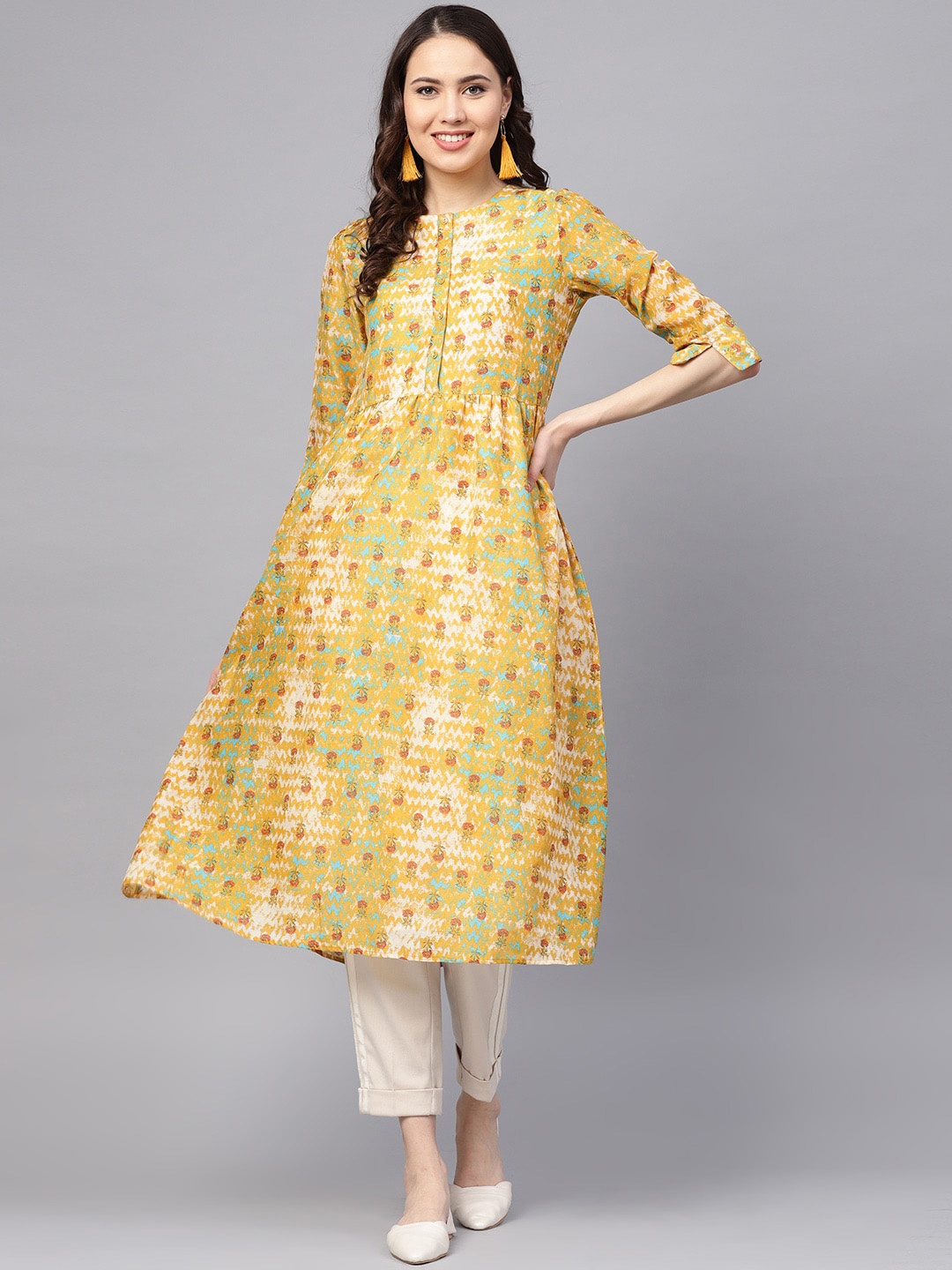 

RARE Mustard Yellow & White Floral Printed A-Line Kurta