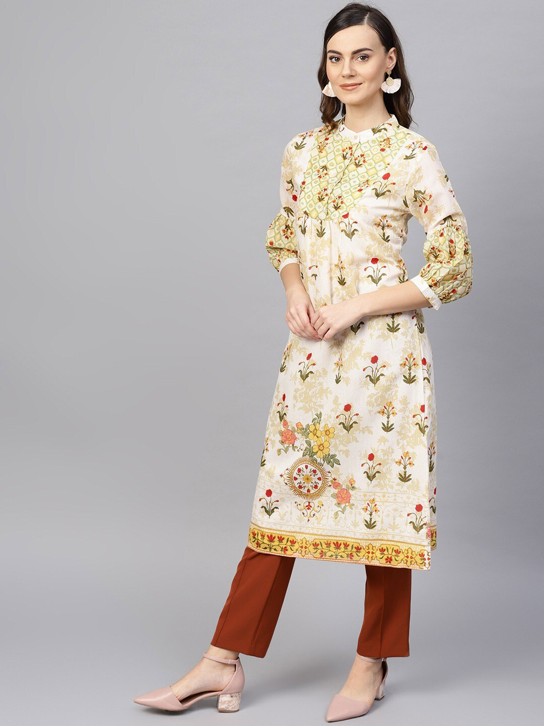 

RARE Off White & Green Floral Printed Cotton Kurta