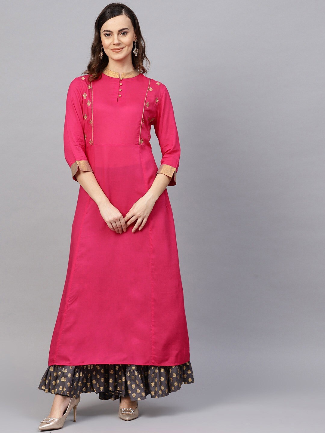 

RARE Embroidered Mandarin Collar A-line Kurta, Pink