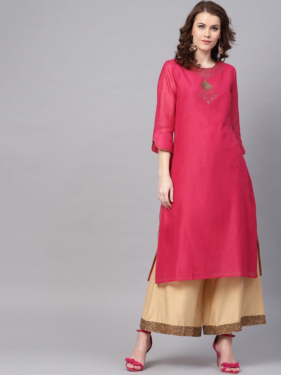 

RARE Pink Geometric Yoke Design Chanderi Silk Kurta