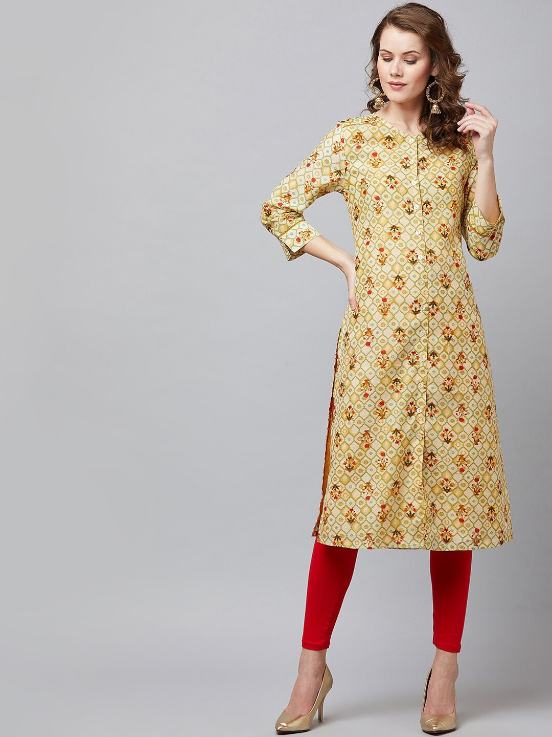 

RARE Yellow & Red Floral Printed Straight Kurta