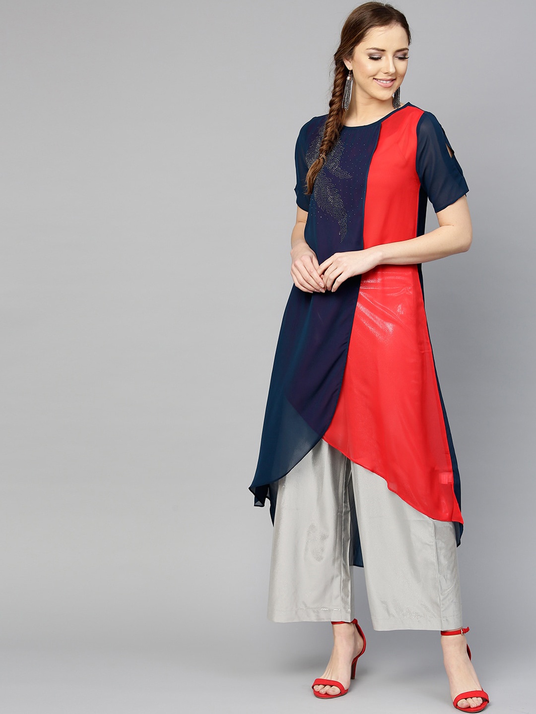 

RARE Navy Blue Embellished Asymmetric Hem A-Line Kurta