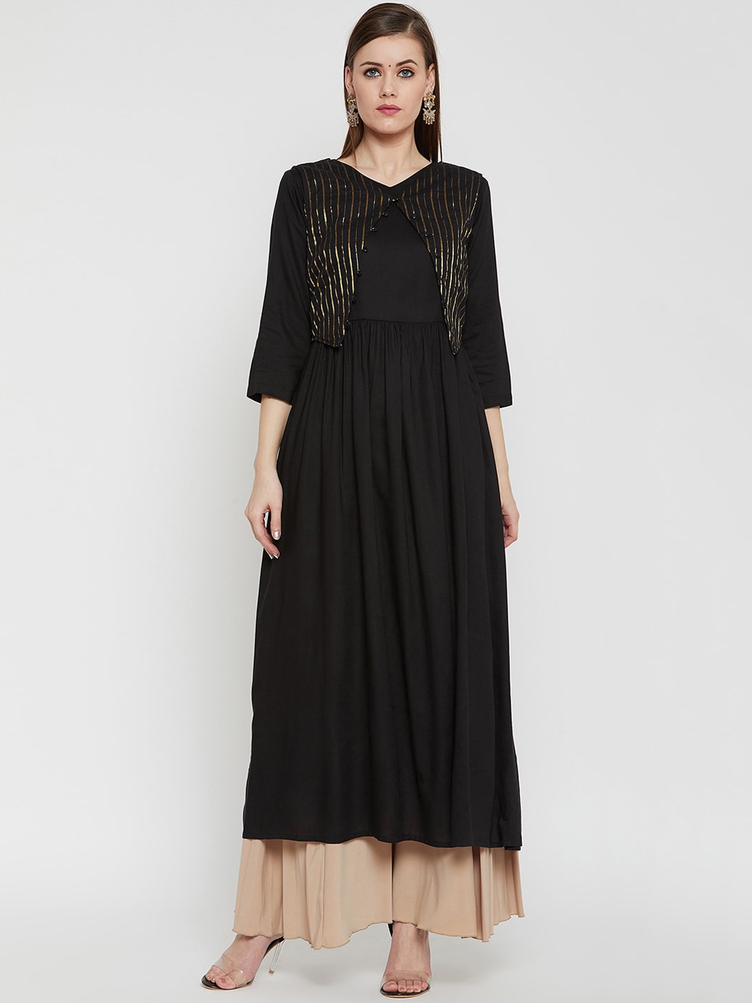 

RARE Black & Gold Yoke Design V Neck Anarkali Kurta
