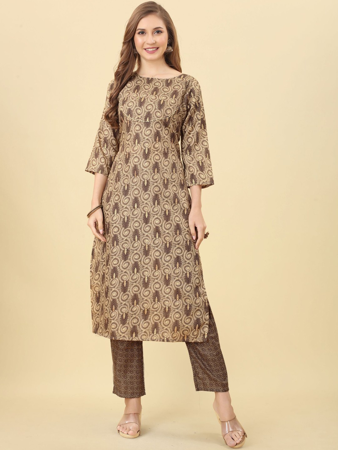 

KALINI Ethnic Motifs Foil Printed Gotta Patti Kurta with Trousers, Brown