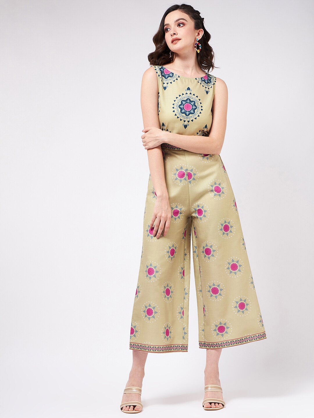 

Pannkh Ethnic Motifs Printed Basic Jumpsuit, Beige