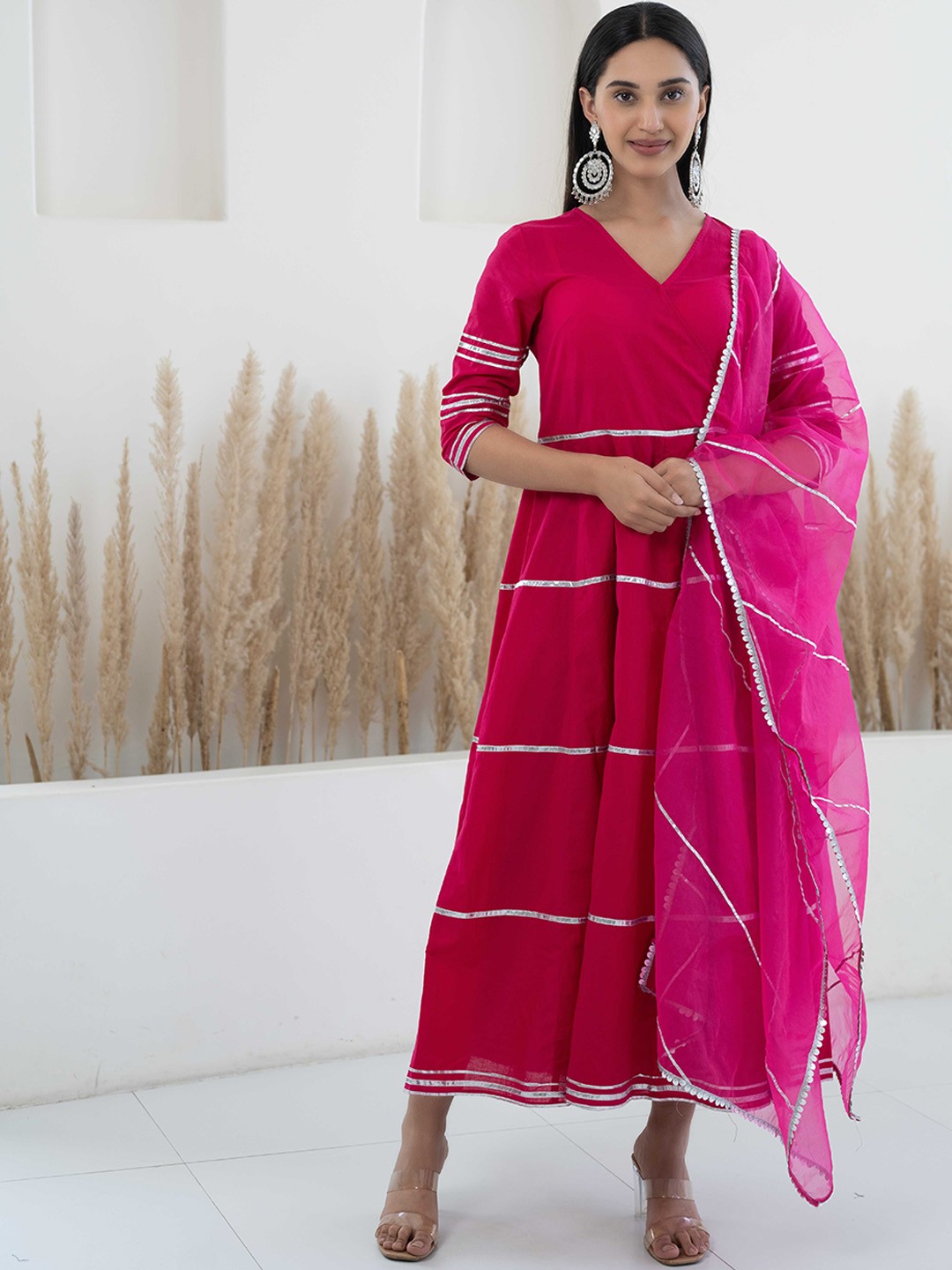 

Myshka V Neck Gotta Patti A-Line Pure Cotton Ethnic Dress With Dupatta, Pink