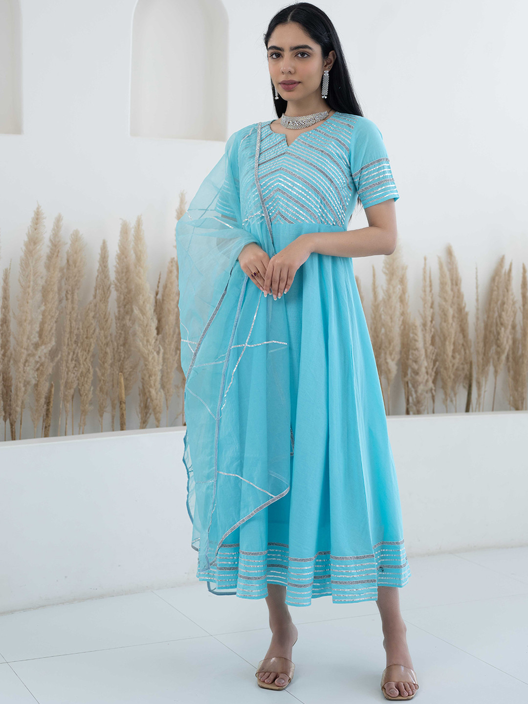

Myshka Notched Neck Gotta Patti A-Line Pure Cotton Ethnic Dress With Dupatta, Turquoise blue