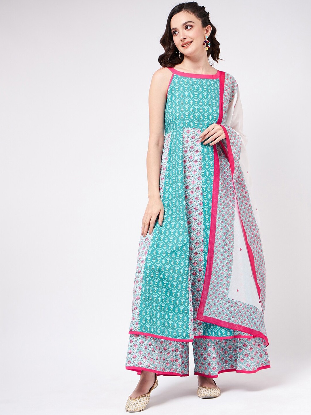 

Pannkh Floral Printed Anarkali Kurta With Palazzos & Dupatta, Blue