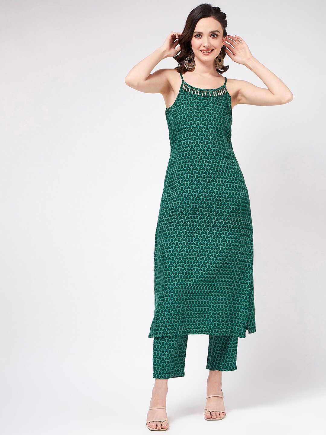 

Pannkh Ethnic Motifs Printed Shoulder Straps Kurta With Trousers, Green