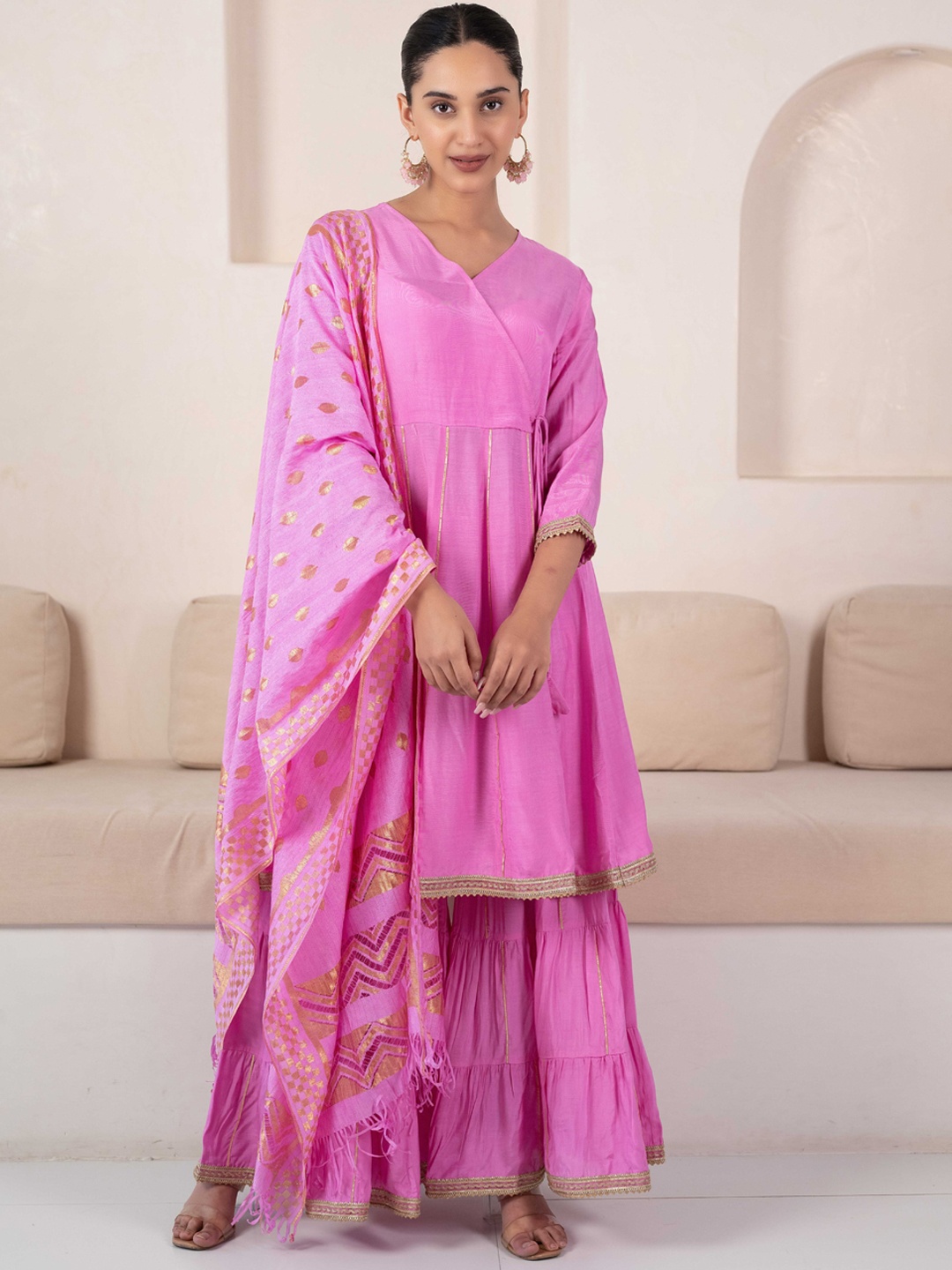

Myshka Gotta Patti Angrakha Kurta With Sharara & Dupatta, Pink