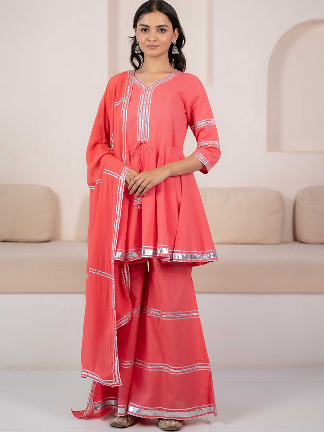 

Myshka V Neck Gotta Patti Kurta With Sharara & Dupatta, Peach