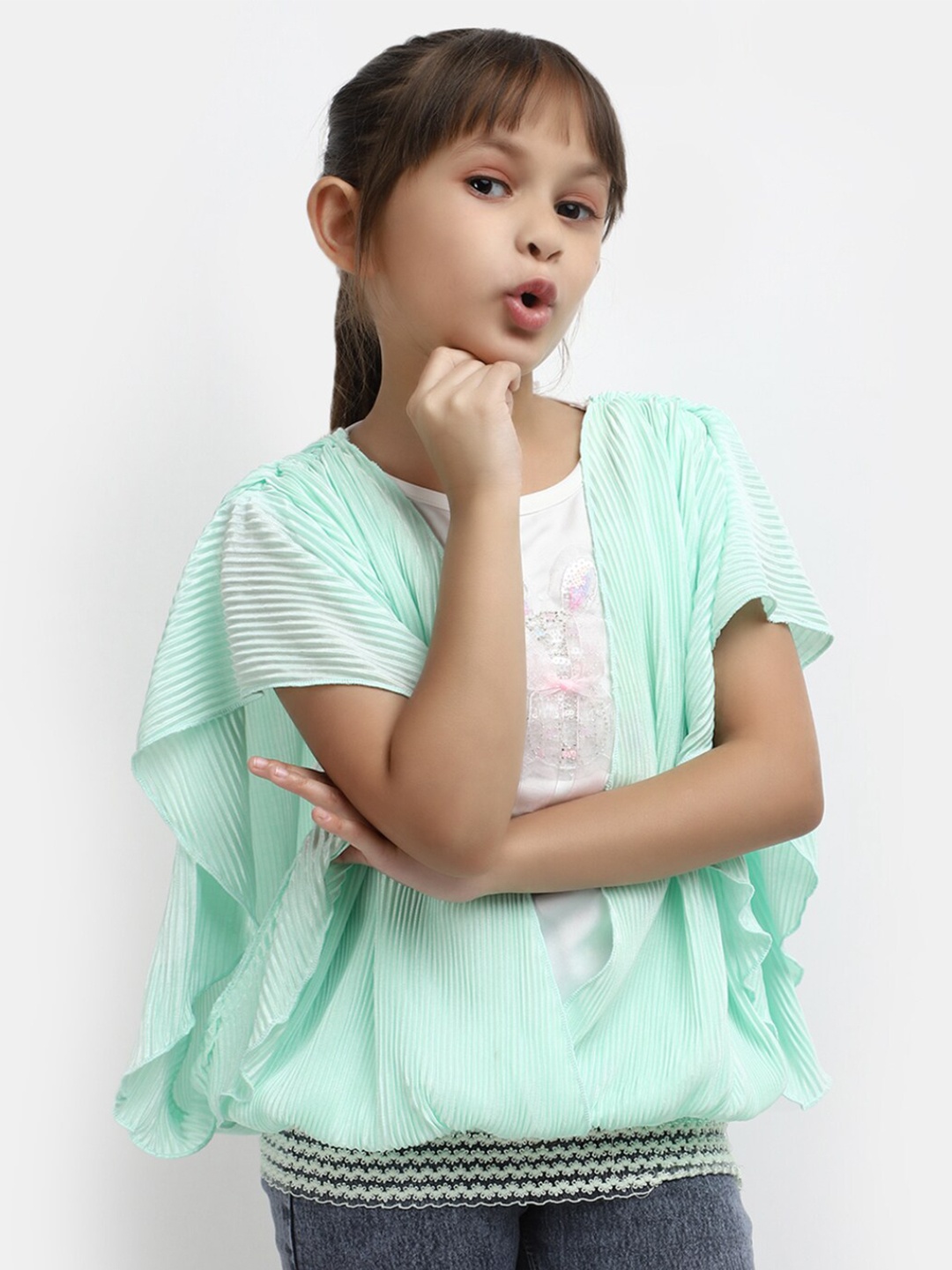 

V-Mart Girls Kimono Sleeves Cotton Regular Top, Green