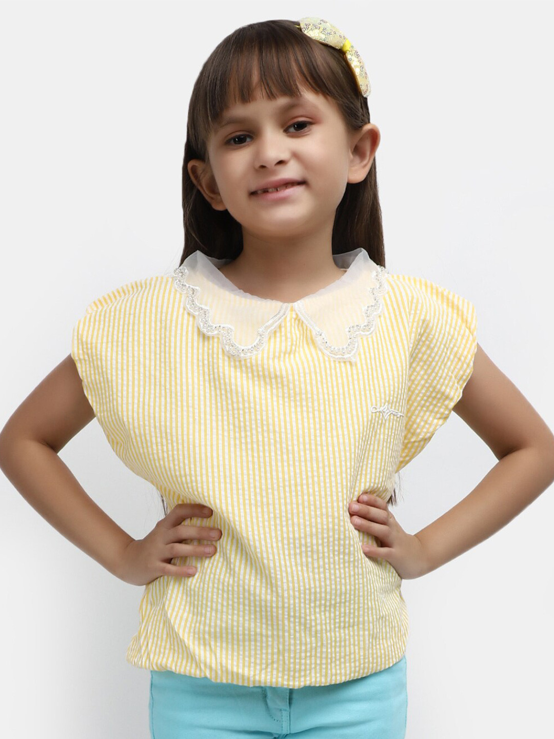 

V-Mart Girls Striped Peter Pan Collar Regular Top, Yellow