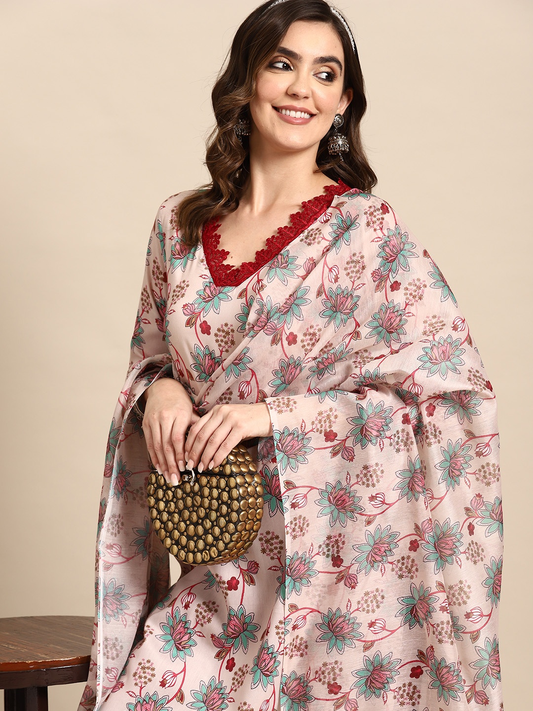 

Sangria Floral Printed Regular Pure Cotton Kurta With Trousers & Dupatta, Beige