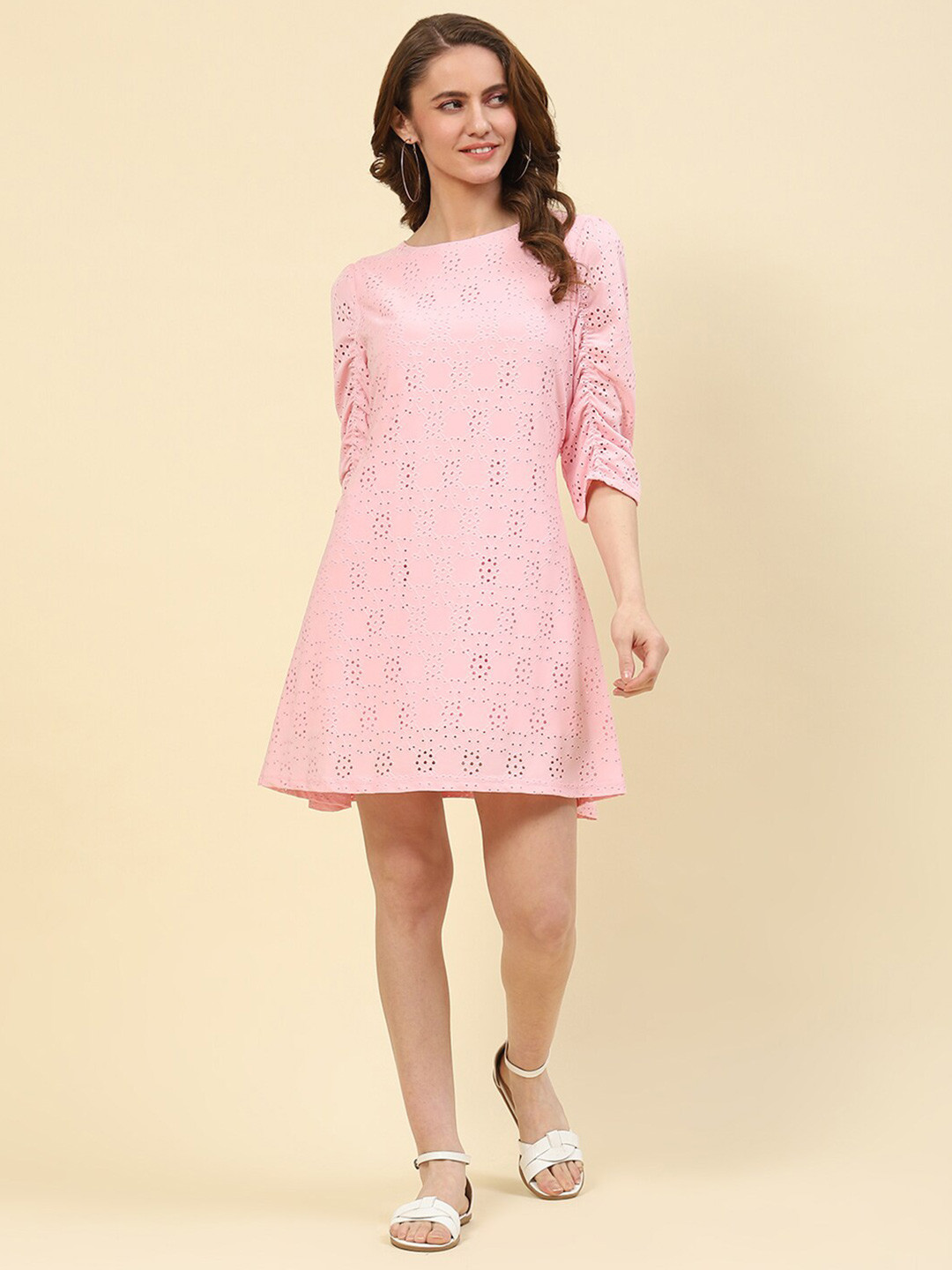 

Monte Carlo Ruched Sleeves Schiffli A-Line Dress, Pink