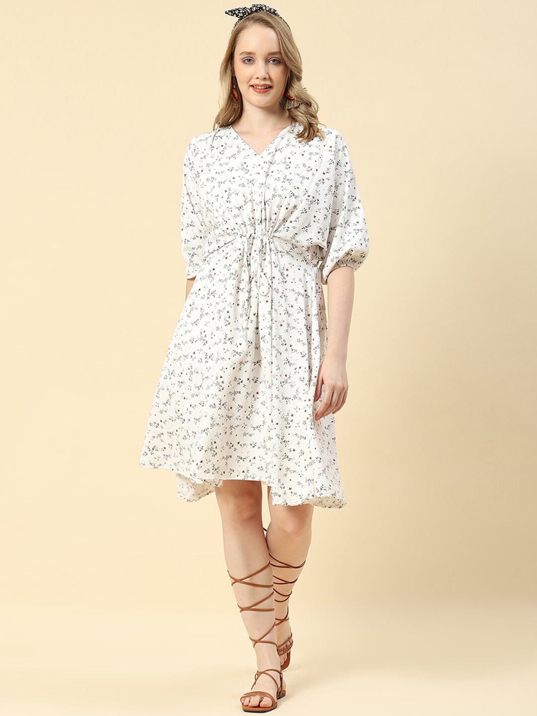 

Monte Carlo Floral Printed Ruched Cotton Fit & Flare Dress, White