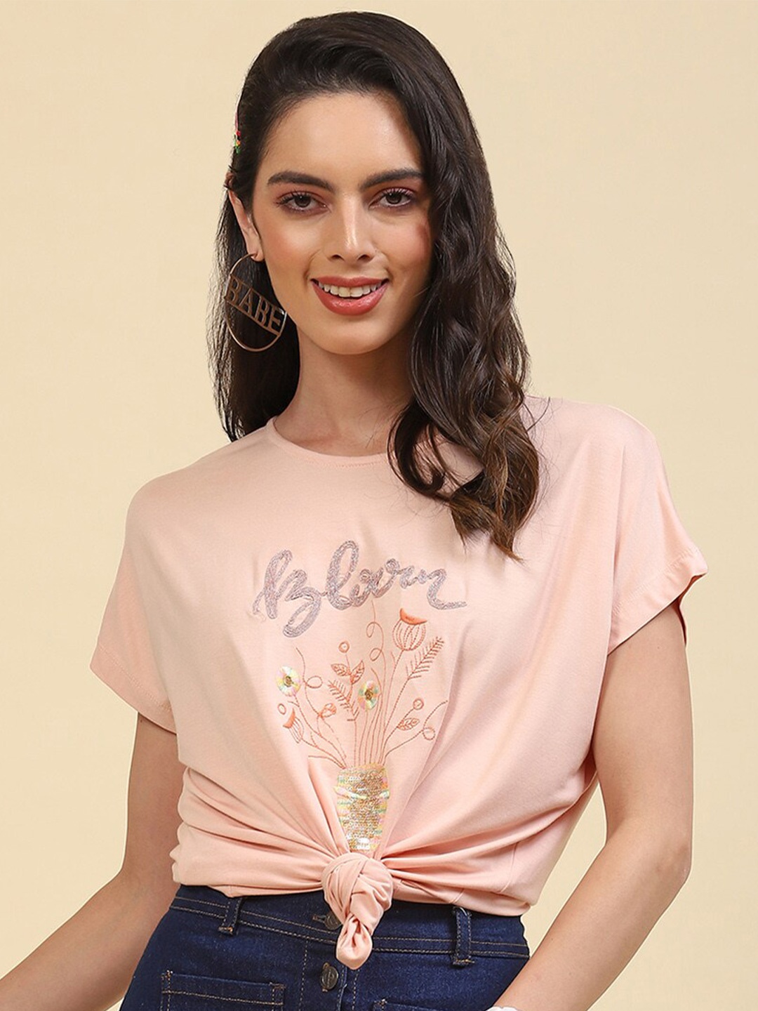 

Monte Carlo Floral Embroidered Extended Sleeves Casual T-shirt, Peach