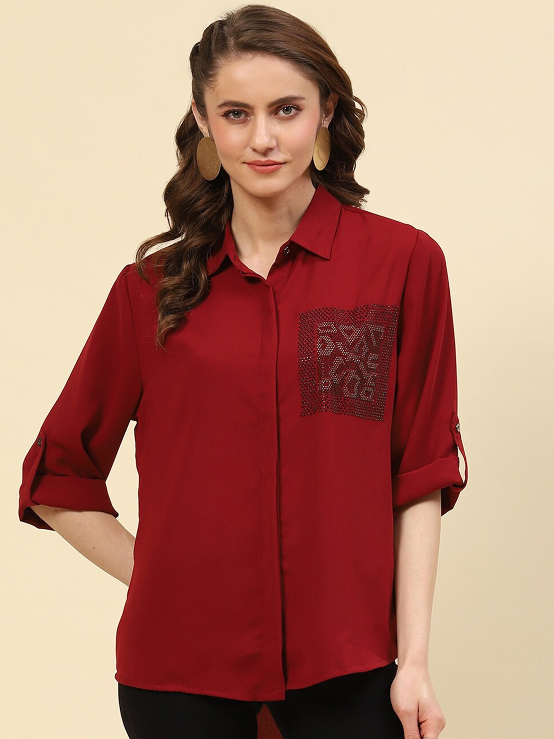 

Monte Carlo Roll-Up Sleeves Shirt Style Top, Maroon