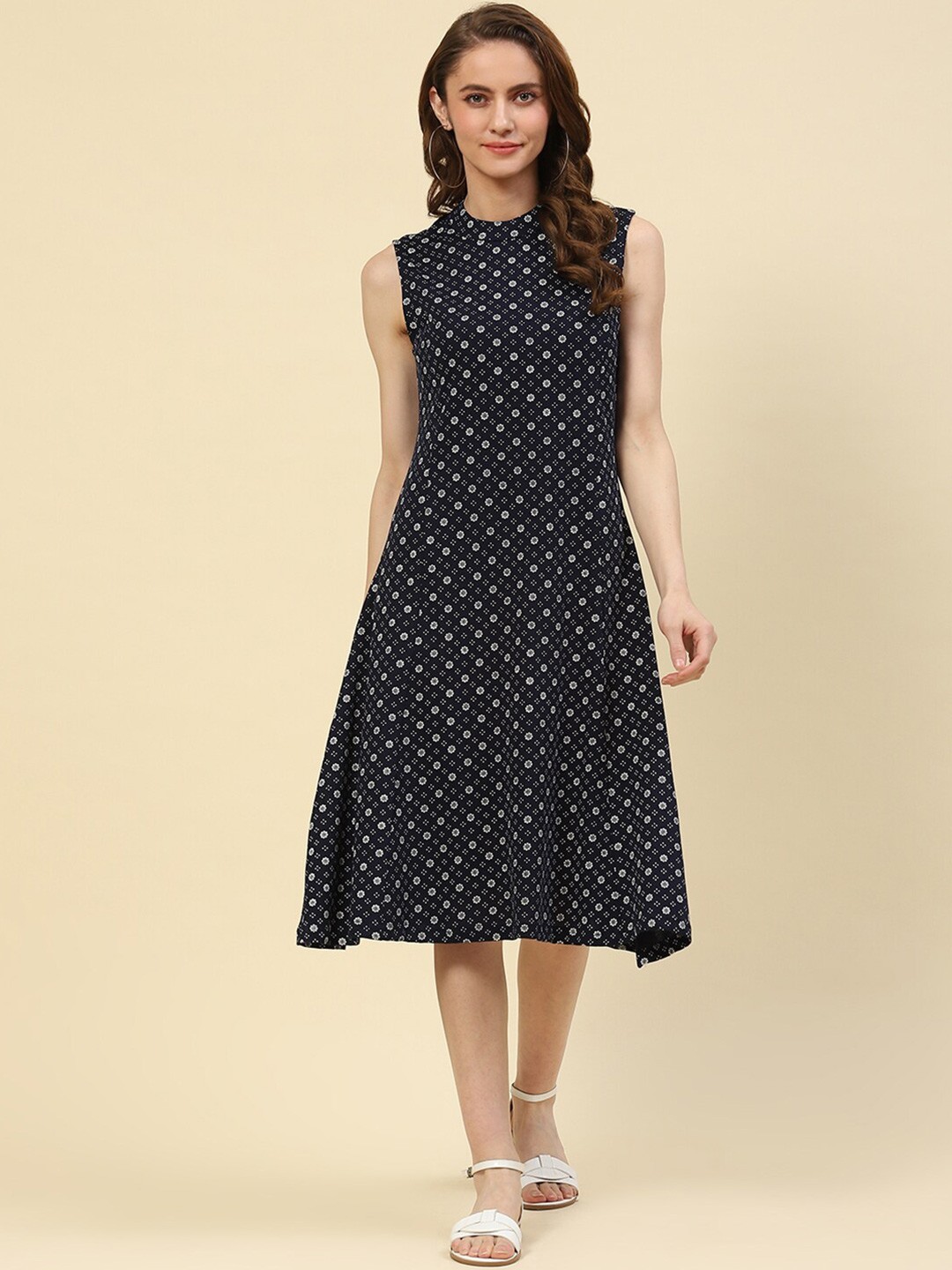 

Monte Carlo Floral Printed Cotton A-Line Midi Dress, Navy blue