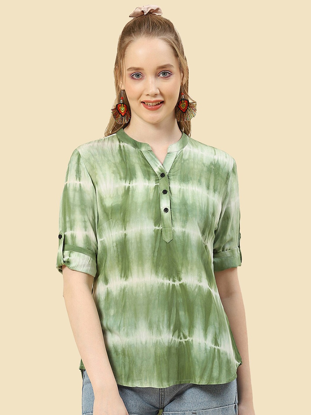 

Monte Carlo Tie and Dye Mandarin Collar Roll-Up Sleeves Regular Top, Green