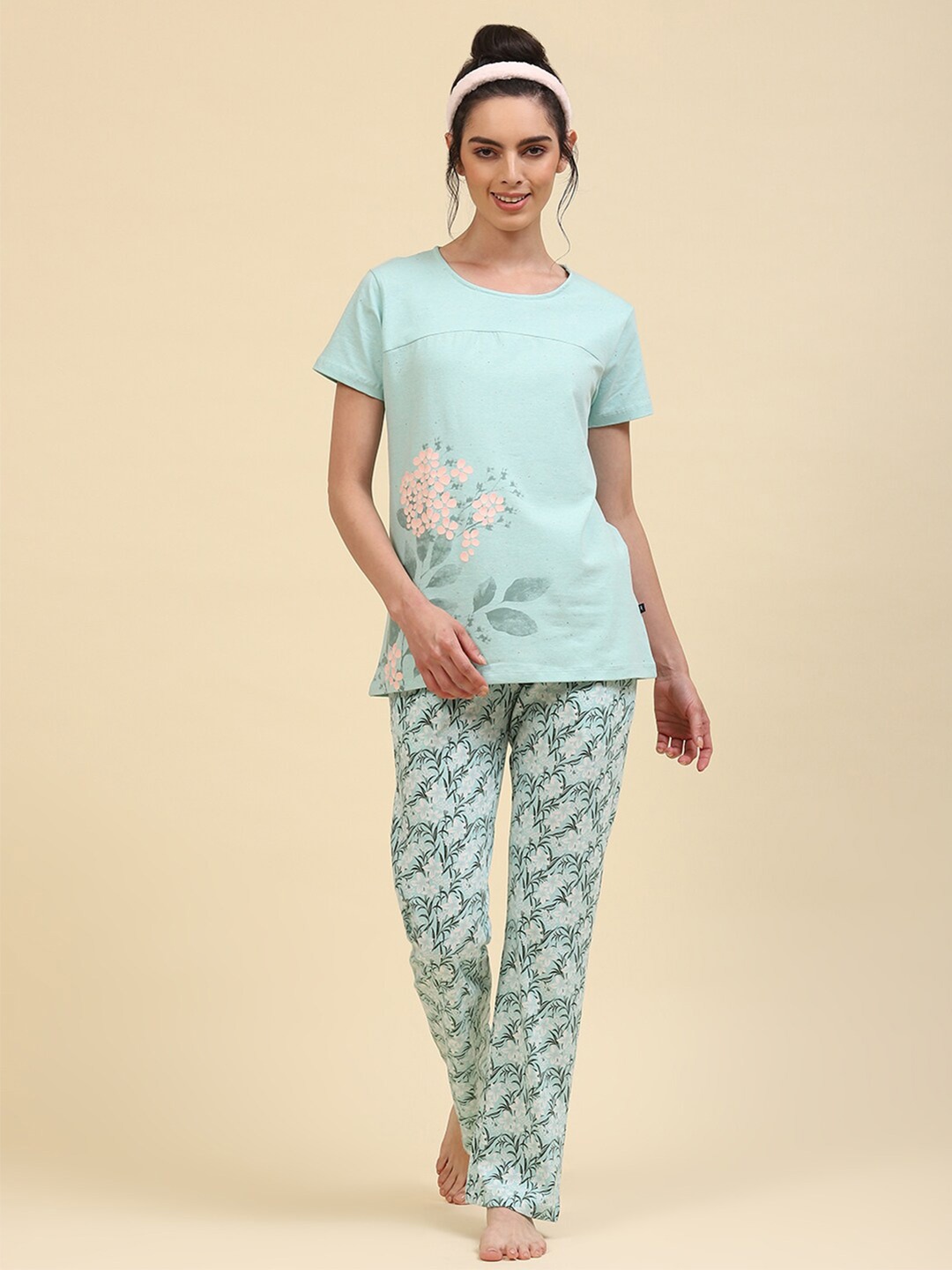 

Monte Carlo Floral Printed Night Suit, Sea green