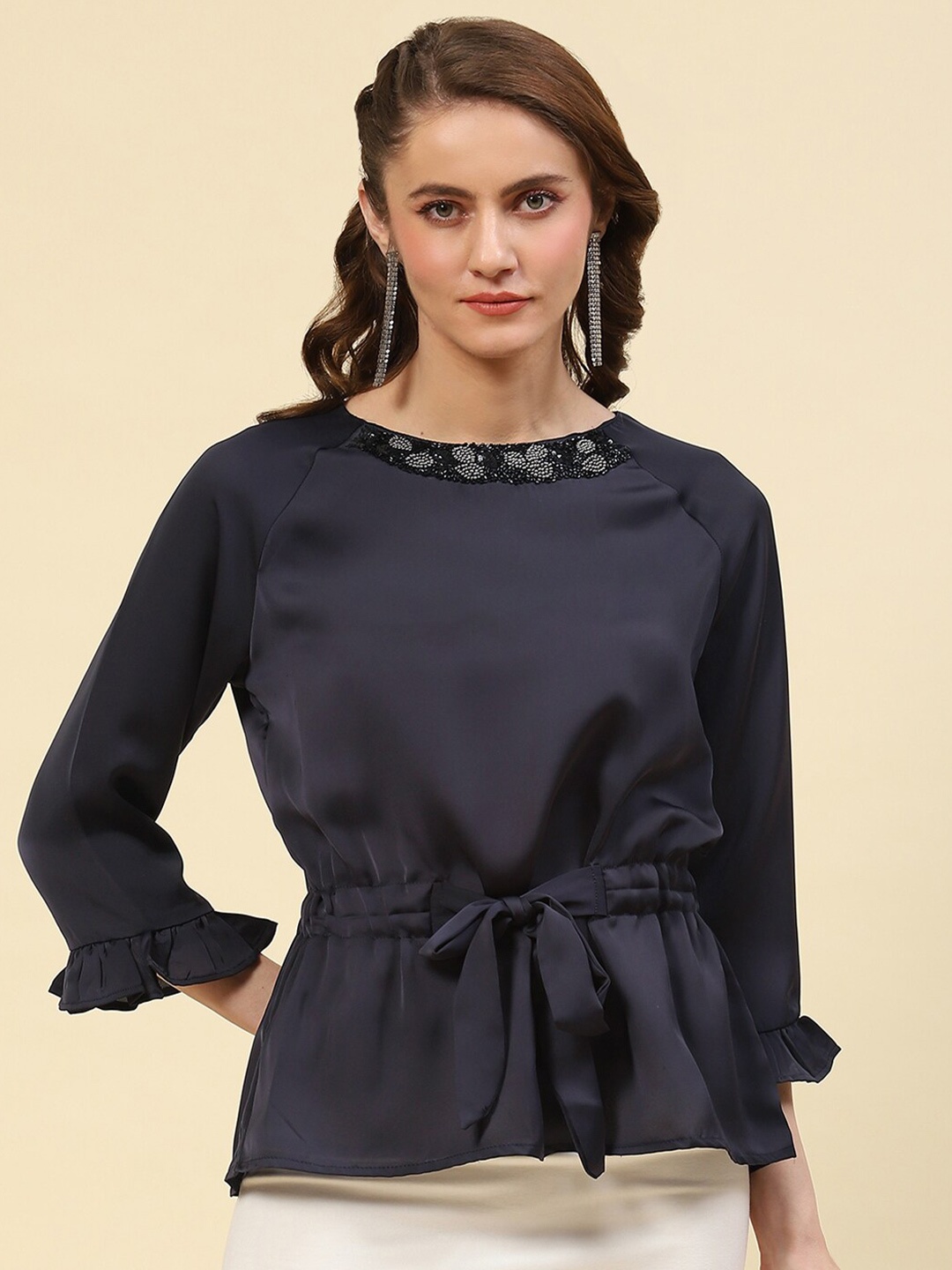 

Monte Carlo Bell Sleeves Embellished Cinched Waist Top, Navy blue