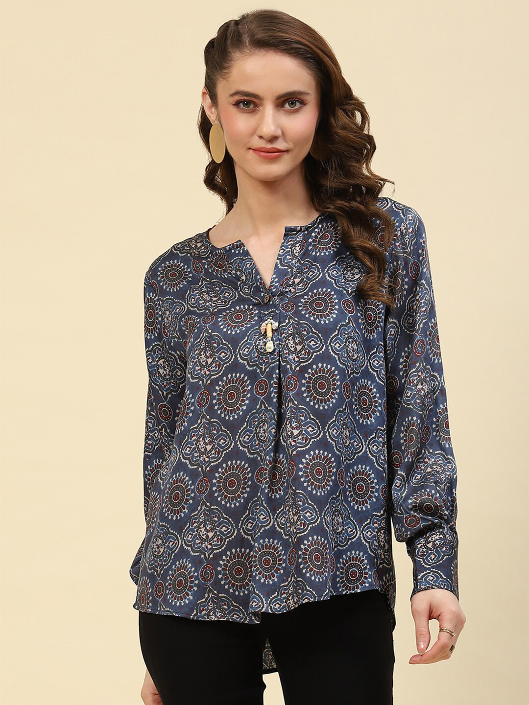 

Monte Carlo Ethnic Printed V-Neck Long Sleeves Top, Blue