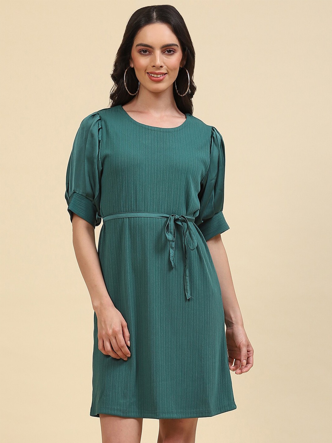 

Monte Carlo Puff Sleeves A-Line Dress With Belt, Green