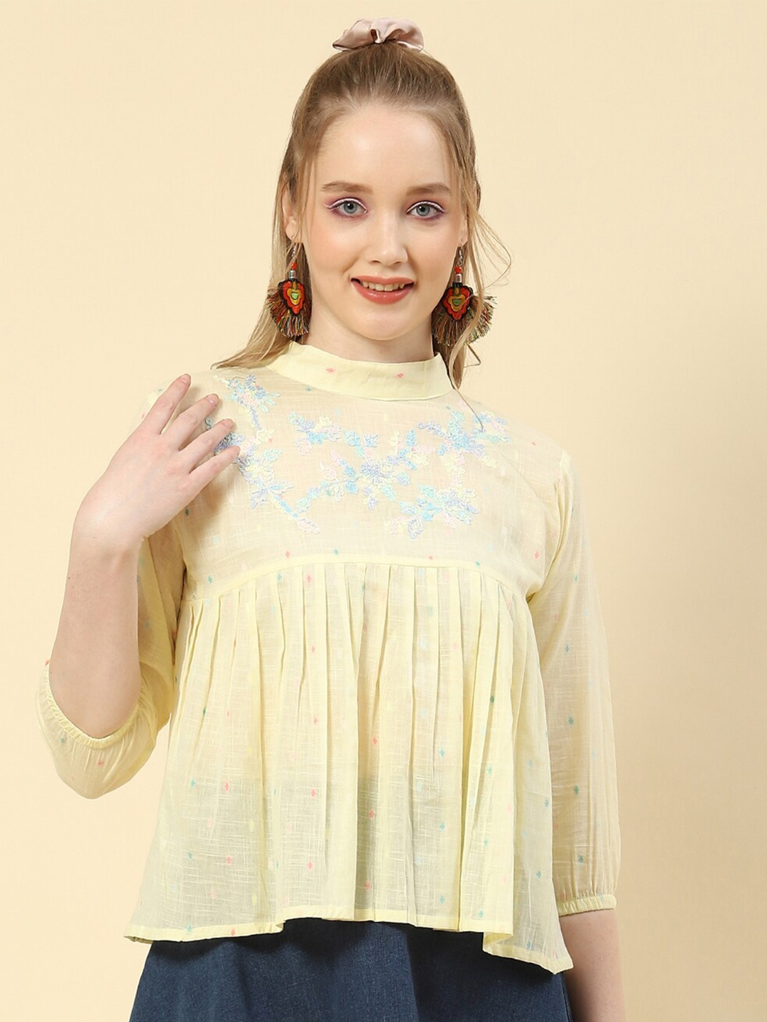 

Monte Carlo Embroidered High Neck Empire Top, Yellow