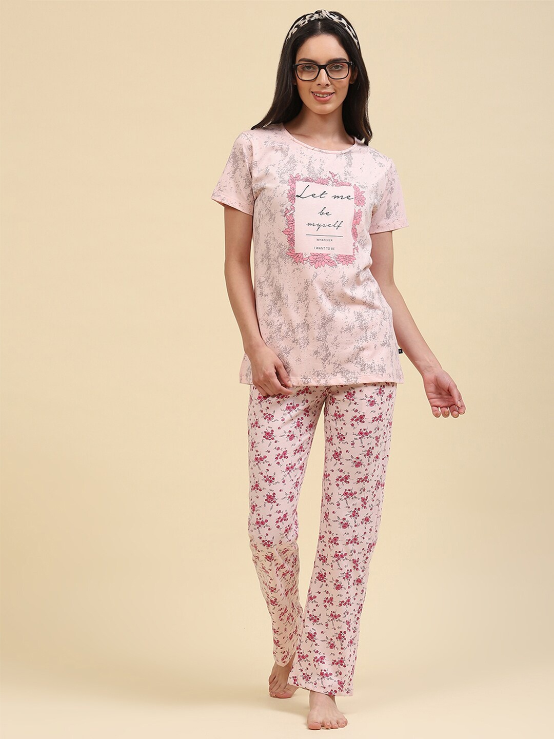 

Monte Carlo Typography Printed Night Suit, Pink