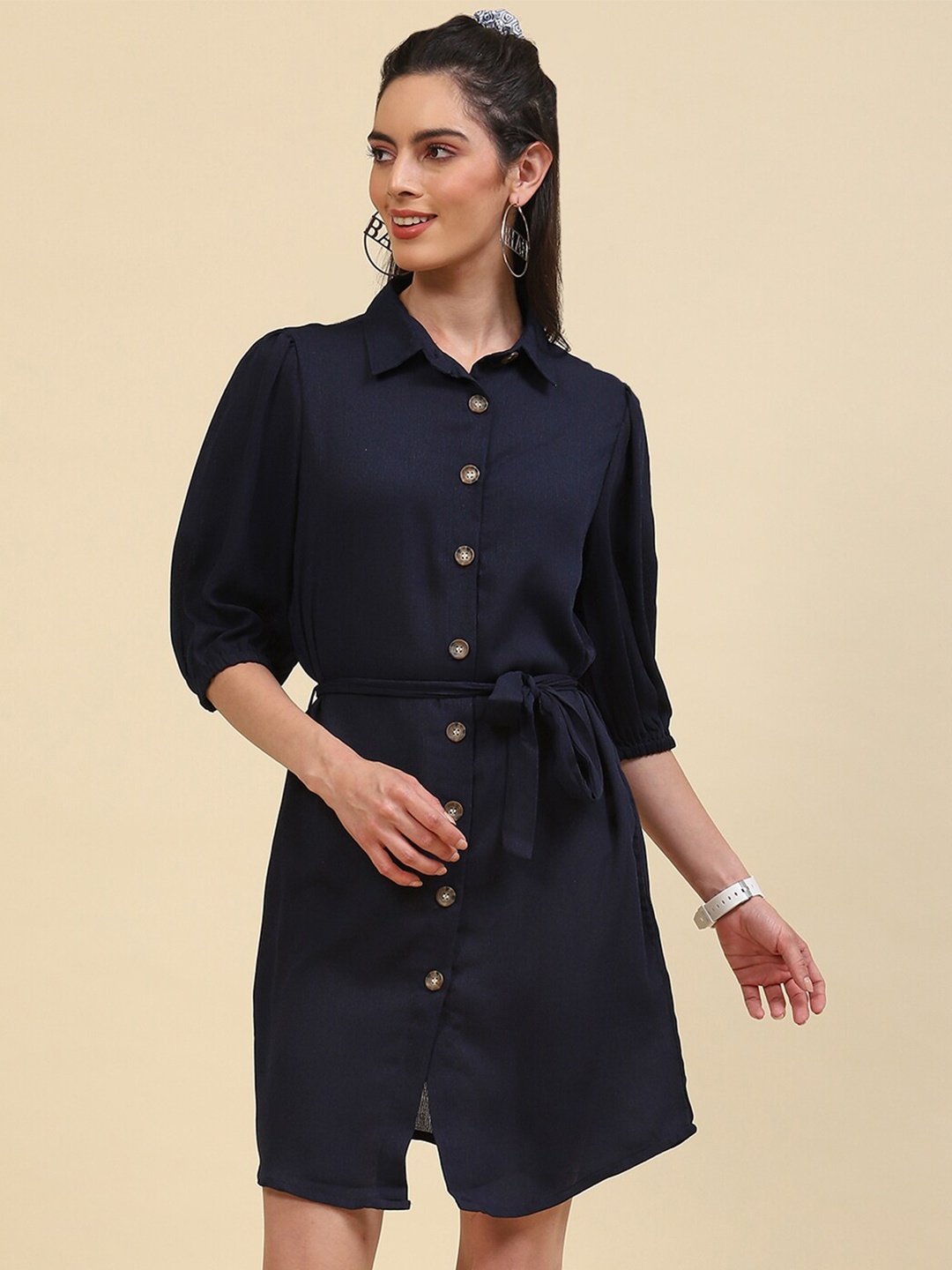 

Monte Carlo Shirt Collar Shirt Dress With Belt, Navy blue