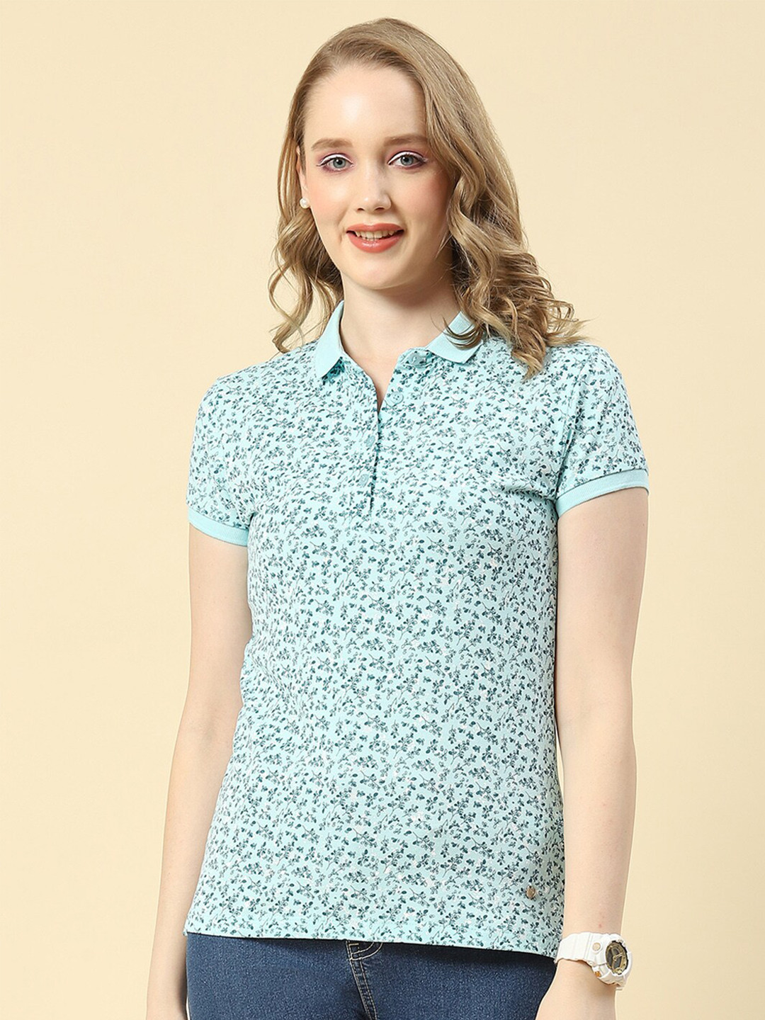 

Monte Carlo Floral Printed Polo Collar T-shirt, Sea green