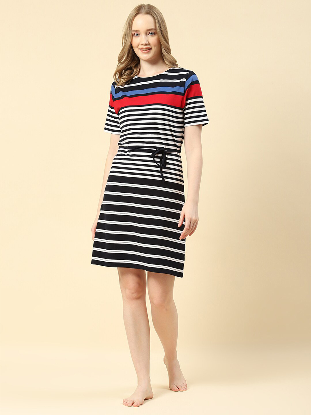 

Monte Carlo Striped Cotton T-shirt Dress With Belt, Navy blue