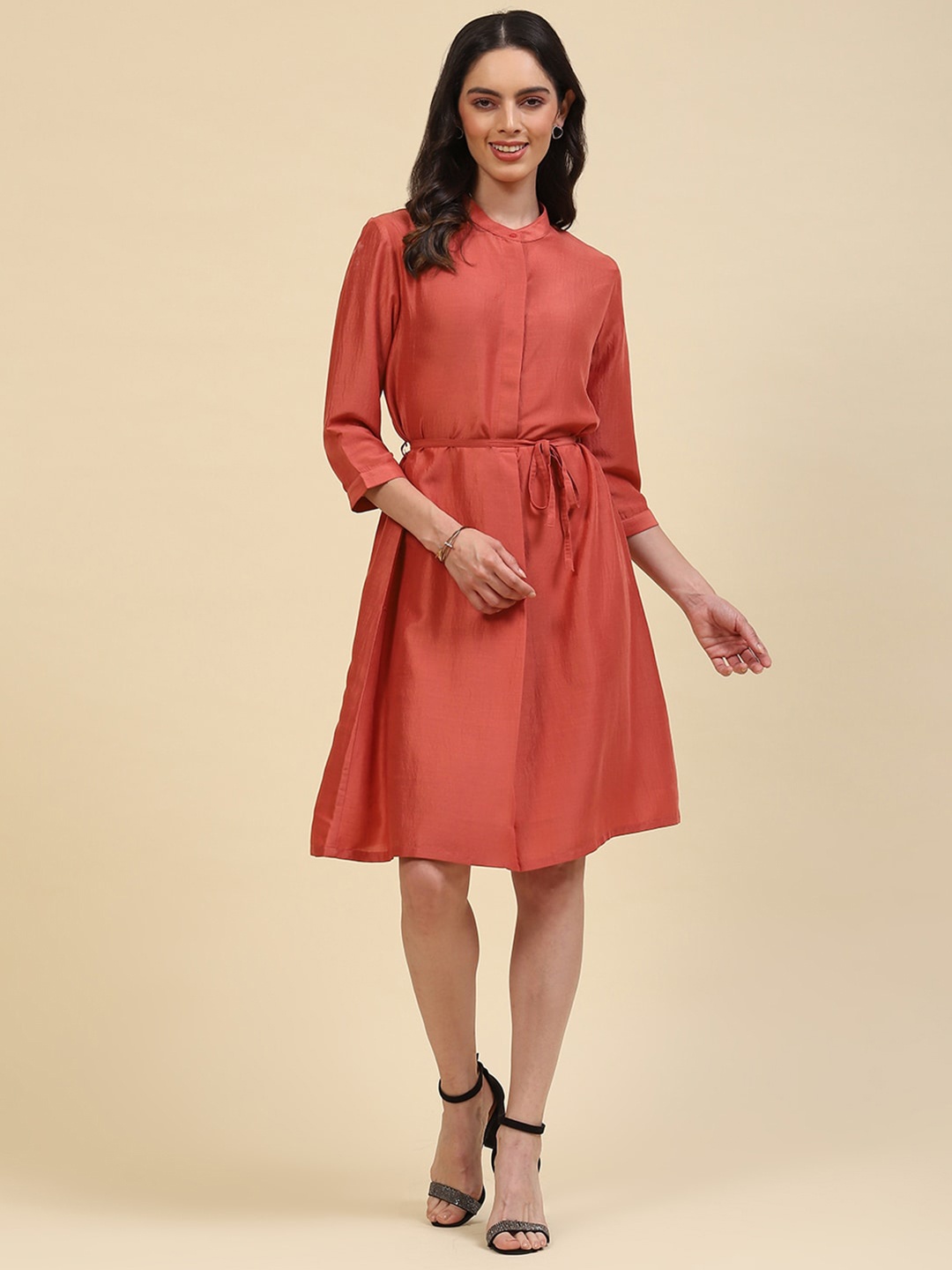 

Monte Carlo Band Collar A-Line Dress With Belt, Coral