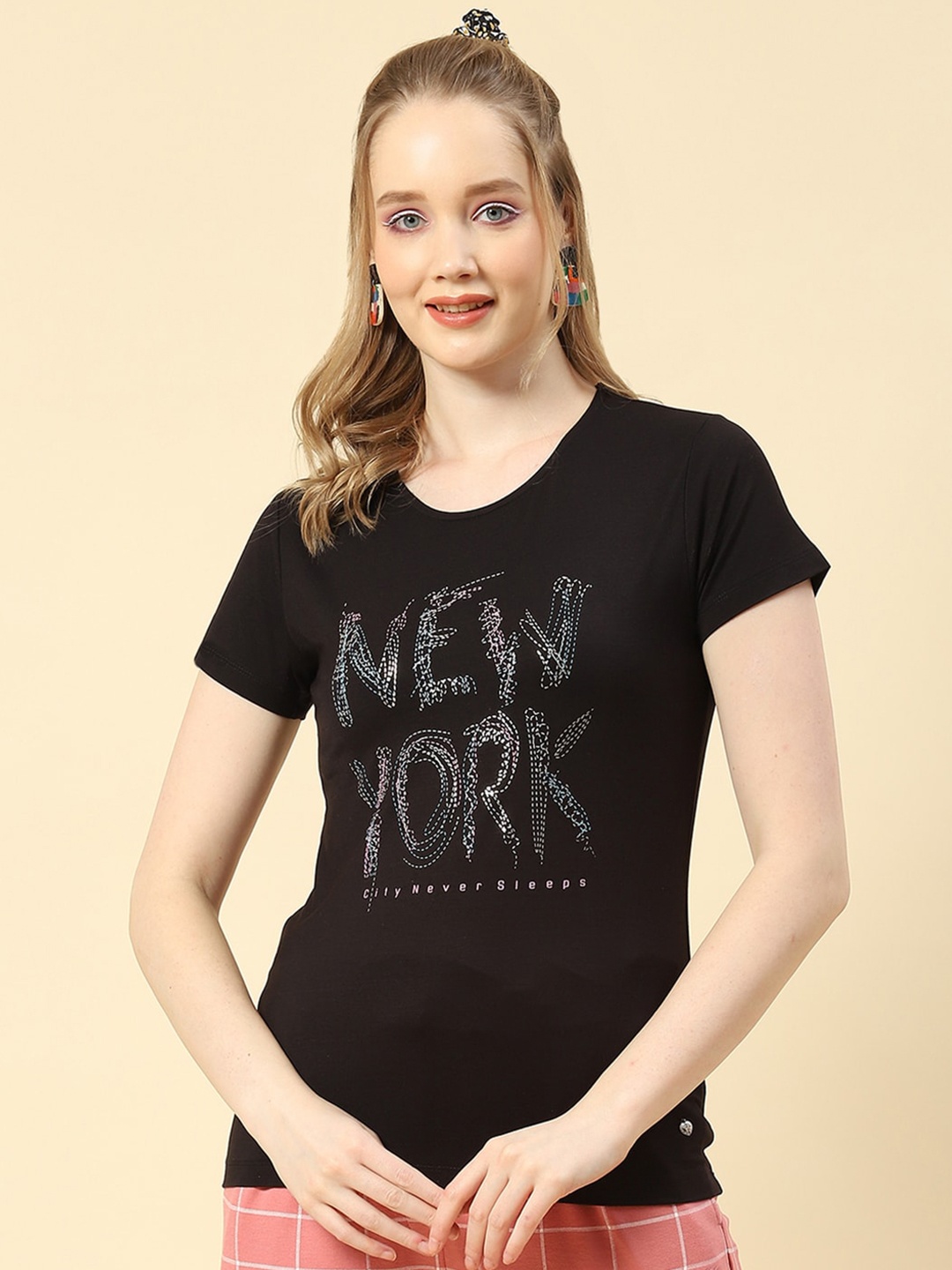 

Monte Carlo Typography Printed Casual Cotton Top, Black