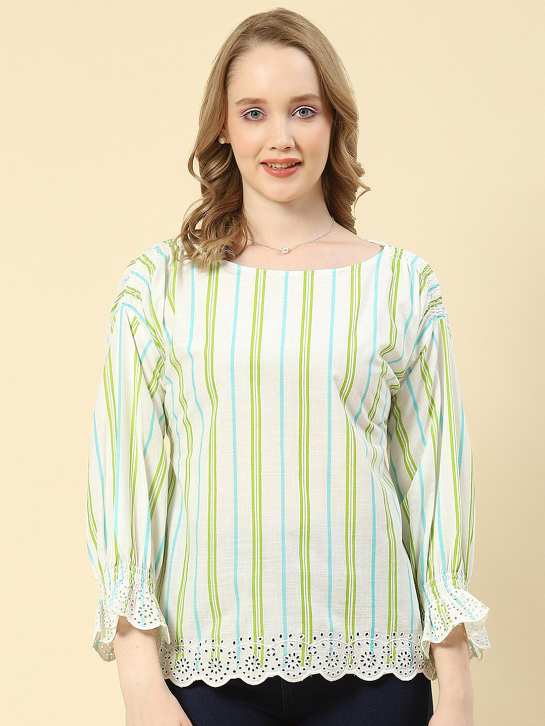 

Monte Carlo Vertical Striped Round Neck Top, Green