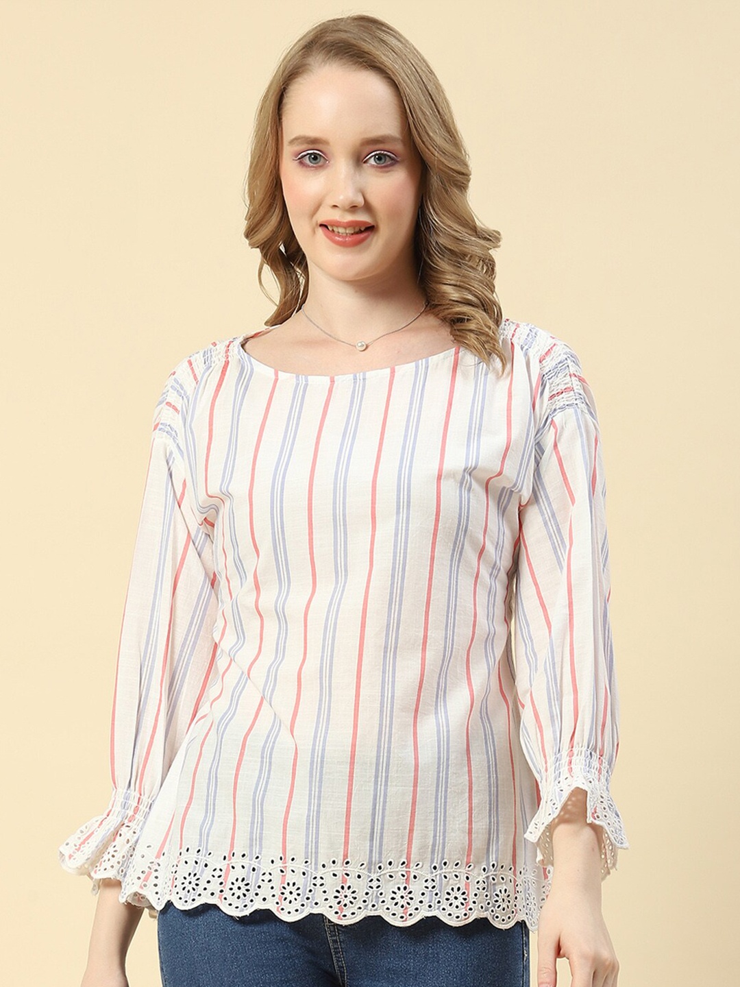 

Monte Carlo Striped Cuff Sleeves Laced Top, Blue