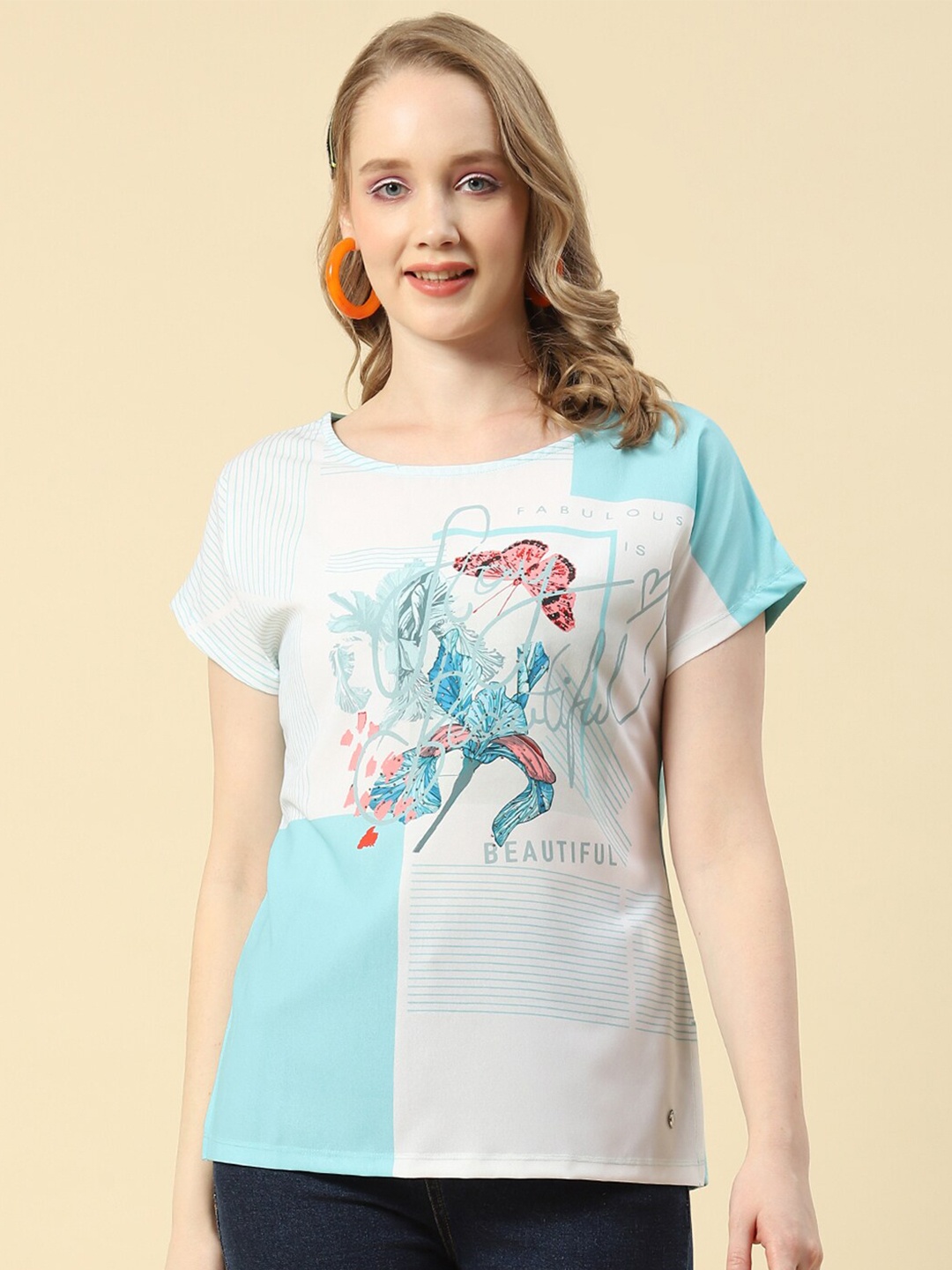 

Monte Carlo Floral Printed Casual Cotton Top, Turquoise blue