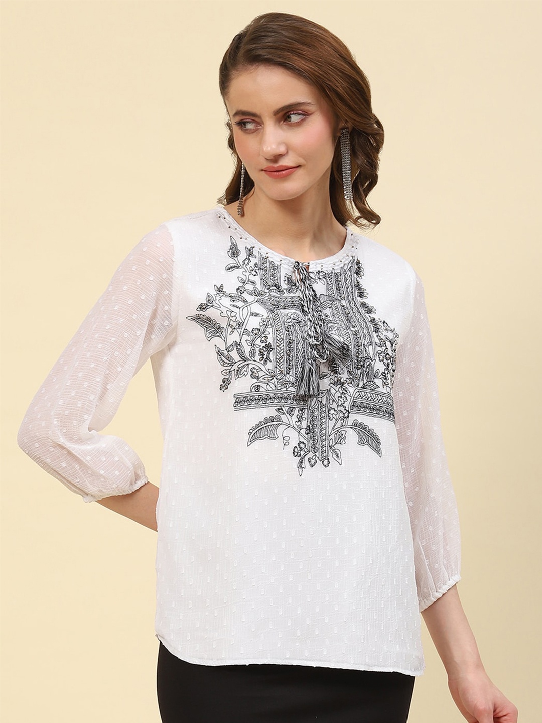 

Monte Carlo Self Design Floral Printed Tie-Up Neck Top, White