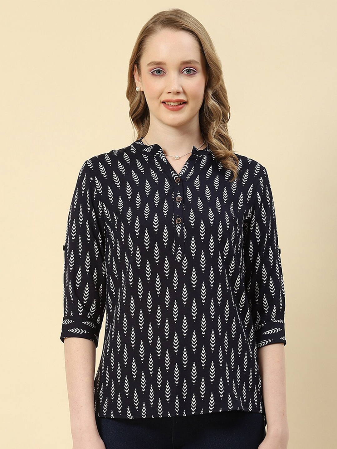 

Monte Carlo Conversational Printed Mandarin Collar Shirt Style Top, Navy blue