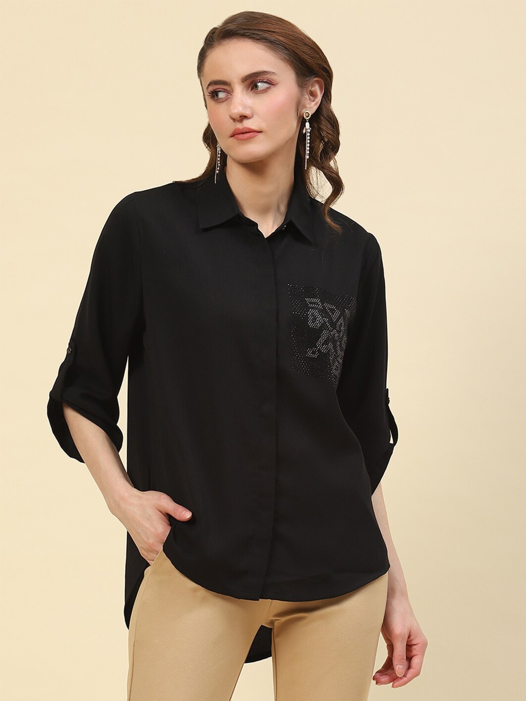 

Monte Carlo Roll-Up Sleeves Embellished Shirt Style Top, Black